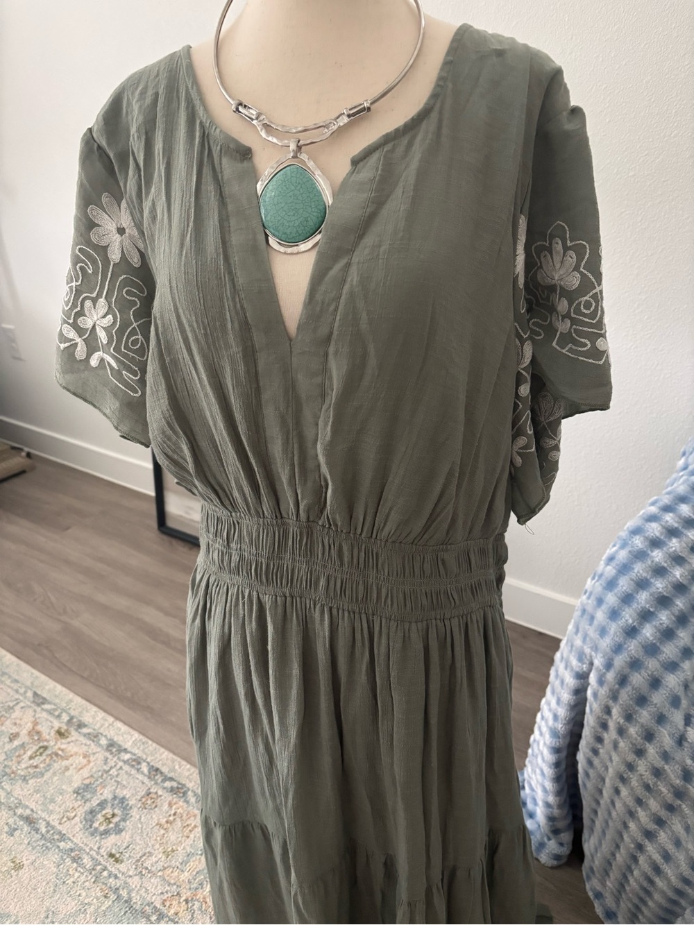 Olive Green Embroidered V-Neck Dress Smocked Waist Like New Final Sale